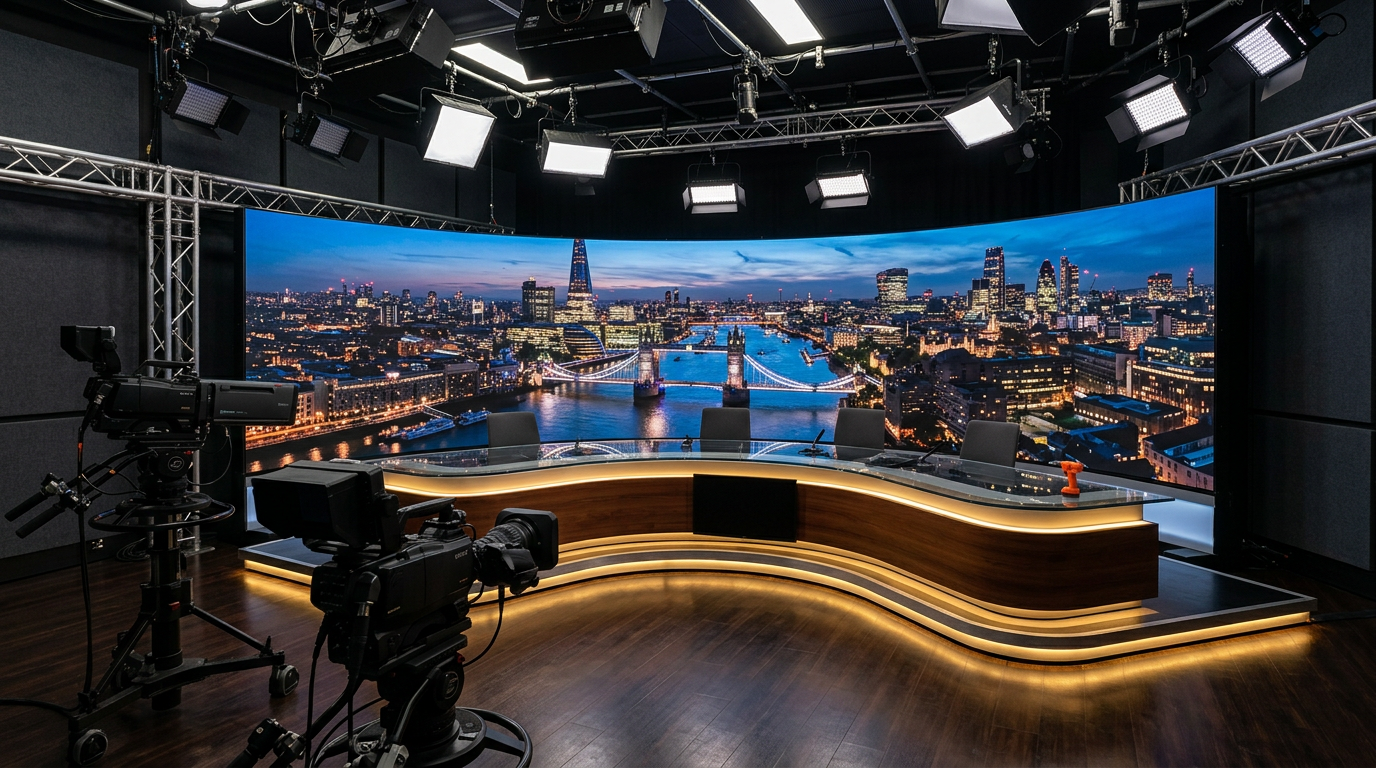 Leeg televisiestudio met moderne inrichting en lege schermen, zonder tekst of logo's